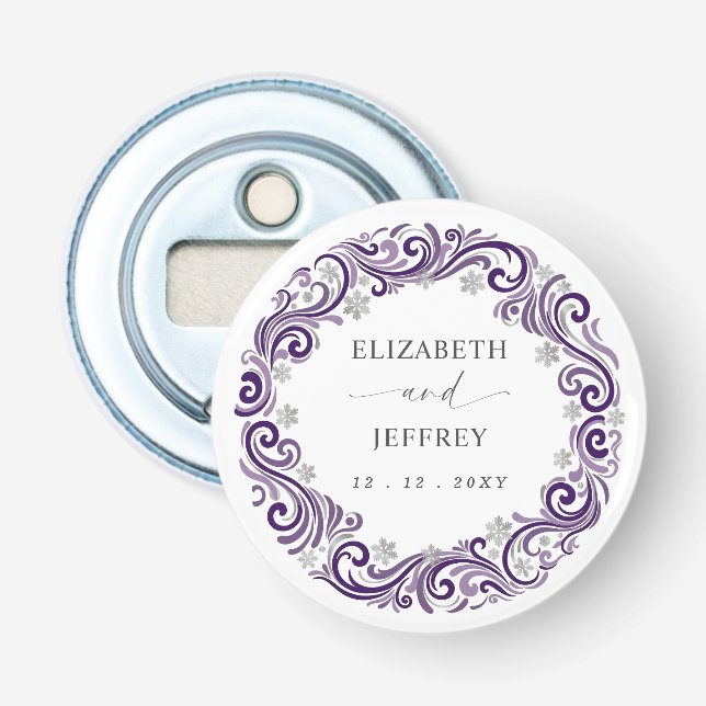 Décapsuleur Mariage d'hiver flocons de neige Violet Argent (Devant)