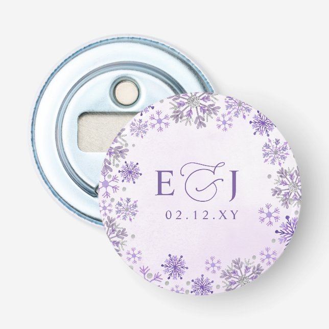 Décapsuleur Mariage d'hiver flocons de neige violet argent Mon (Devant)