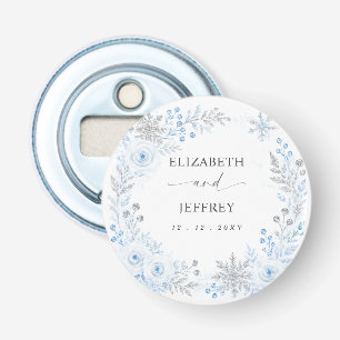 Décapsuleur Mariage d'hiver floral aux flocons de neige bleu a