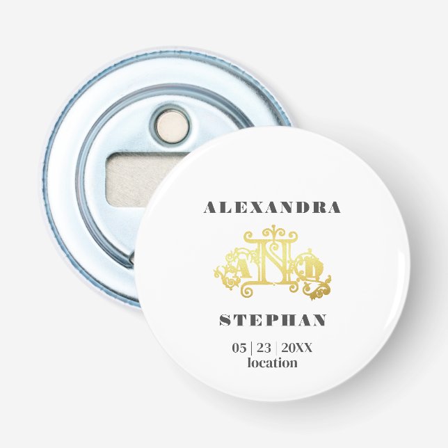 Décapsuleur Mariage d'or de Monogramme romantique (Devant)