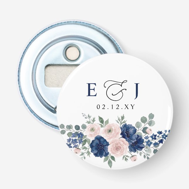 Décapsuleur Mariage Moderne Floral Bleu Marine et Blush (Devant)