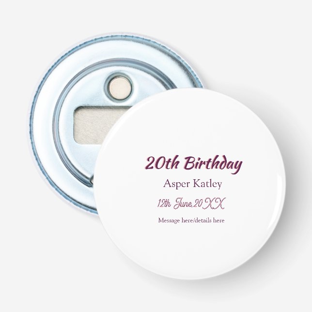 Décapsuleur Message simple nom date rose violet pour 20e anniv (Devant)