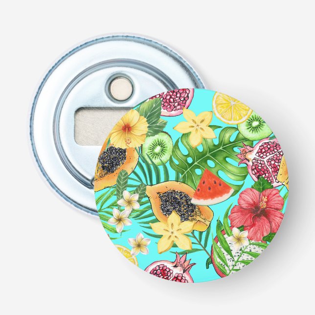 Décapsuleur Mix-fruit tropical, fleurs et feuilles en bleu (Devant)