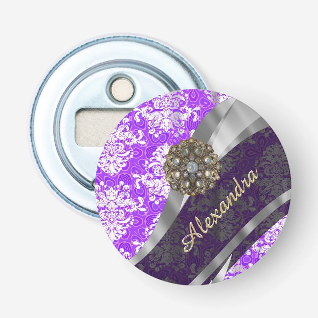 Décapsuleur Modèle personnalisé violet joli girly damask (Devant)