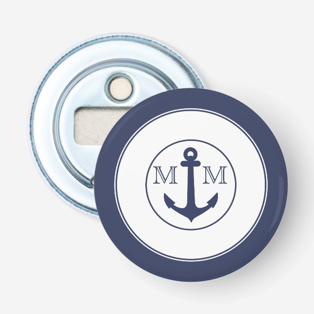 Décapsuleur Monogramme Ancre Crabe Blanc Bleu Marine Nautical (Devant)