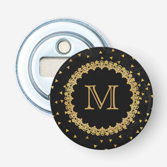 Décapsuleur Monogramme avec paillettes noires et dorées (Devant)