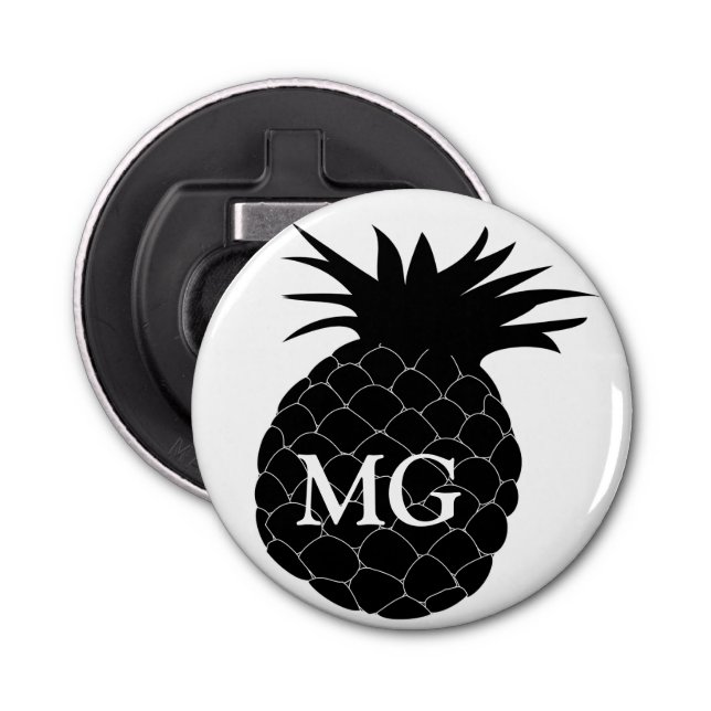 Décapsuleur Monogramme classique d'ananas noir et blanc (Devant)