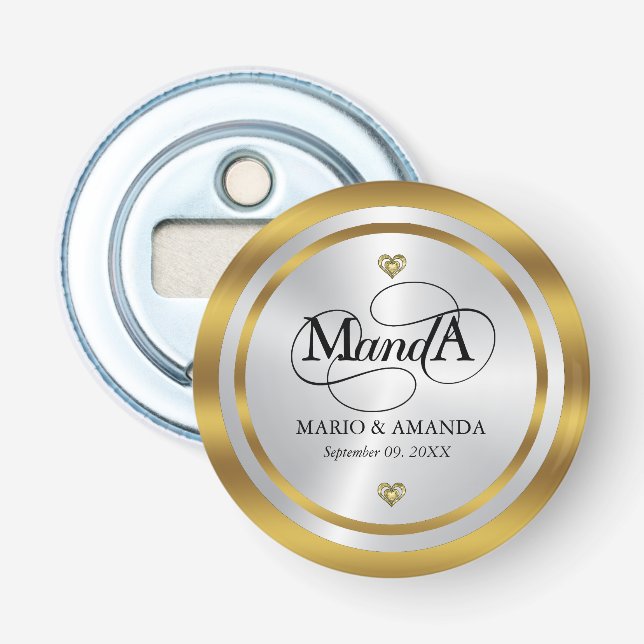 Décapsuleur Monogramme de mariage personnalisé or argent (Devant)
