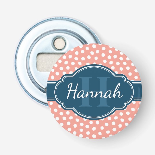 Décapsuleur Monogramme de marine Motif rose blanc pointillé (Devant)