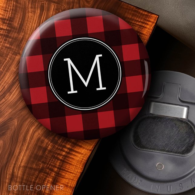 Décapsuleur Monogramme de Motif de buffle rouge et noir rustiq (Button Bottle Opener)