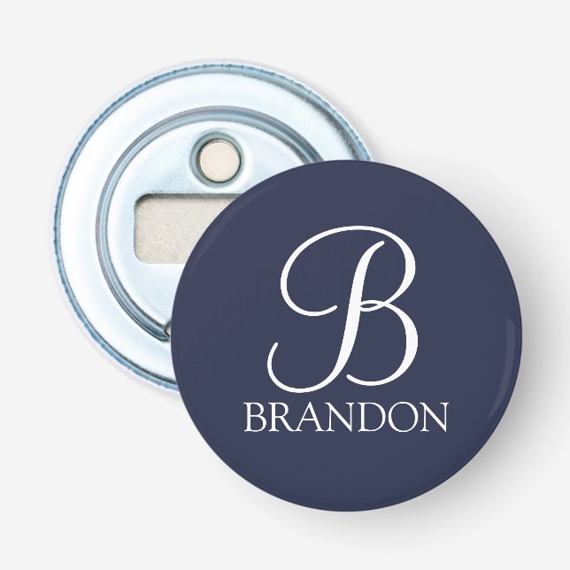 Décapsuleur Monogramme et nom de script personnalisé bleu mari (Devant)