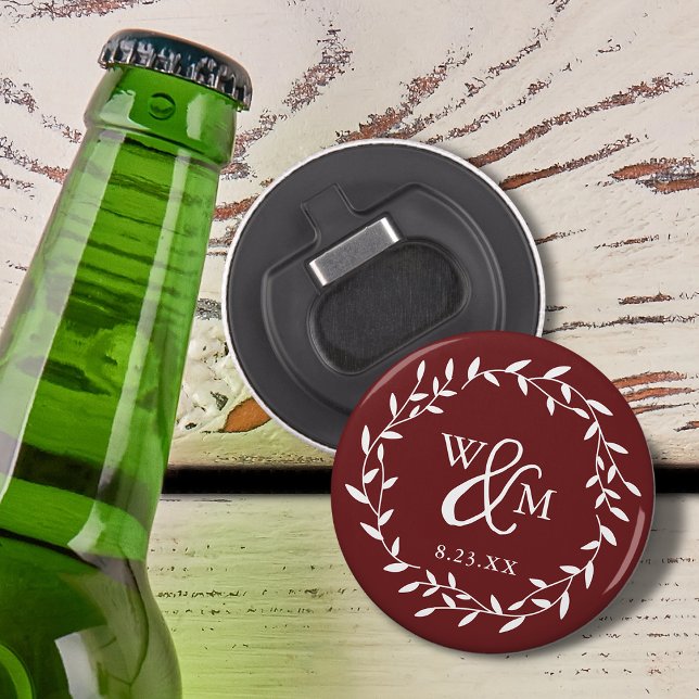 Décapsuleur Monogramme floral élégant bordeaux (Elegant Floral Monogram Burgundy Bottle Opener)
