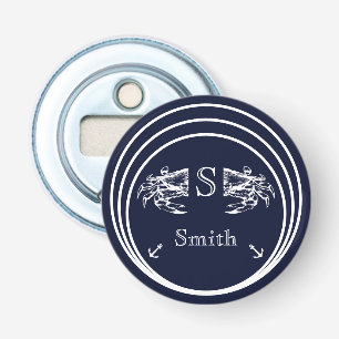 Décapsuleur Monogramme Moderne Marin Bleu Nuit Blanc Crabe