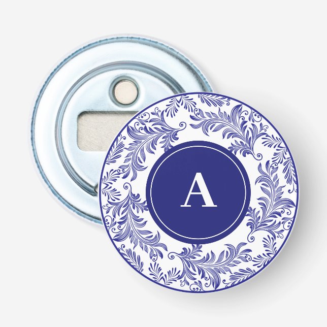 Décapsuleur Monogramme Motif bleu et blanc classique initial (Devant)