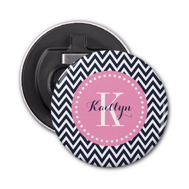 Décapsuleur Monogramme Navy et Pink Chevron (Devant)