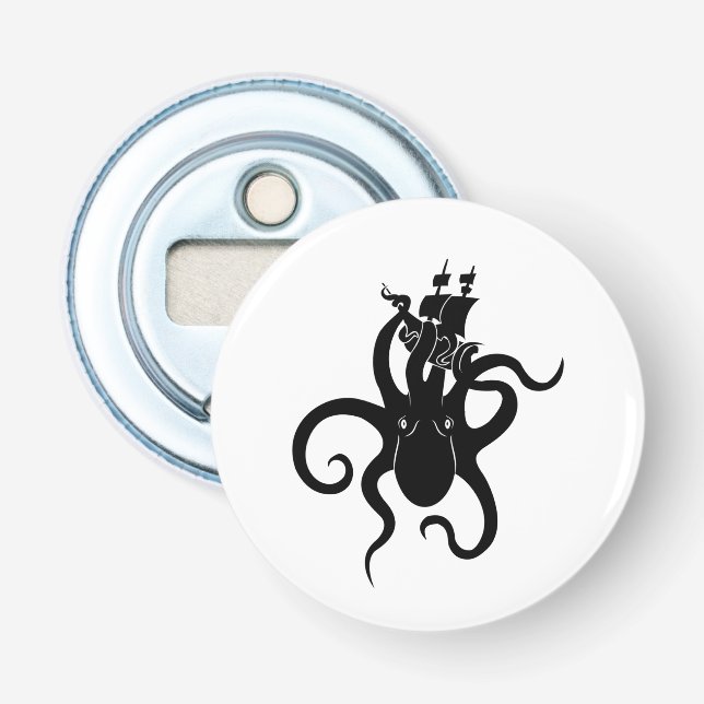 Décapsuleur Monstre de mer noir et blanc Kraken avec navire (Devant)