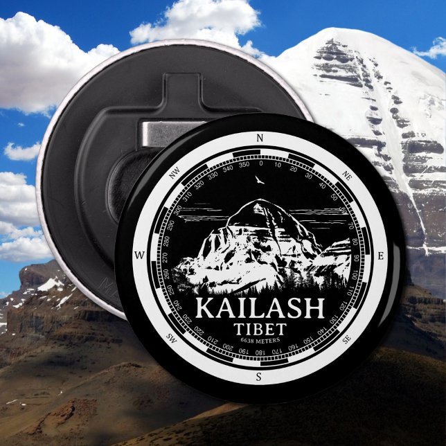 Décapsuleur Mont Kailash - Gang Rinpoché Tibet (Mount Kailash - Gang Rinpoche Bottle Opener in Back with a white compass and mountain illustration)