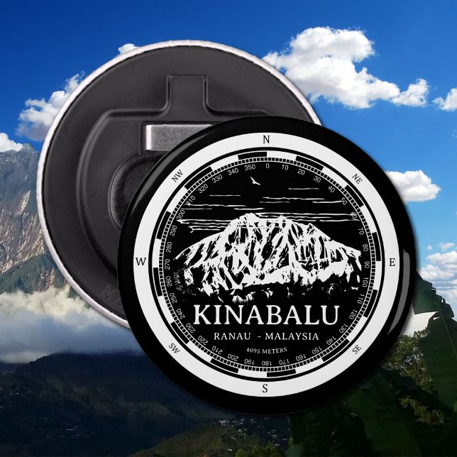 Décapsuleur Mont Kinabalu - Ranau Malaisie Sabah Illustration (Mount Kinabalu Malaysia Bottle Opener in Back with a white compass and mountain illustration)