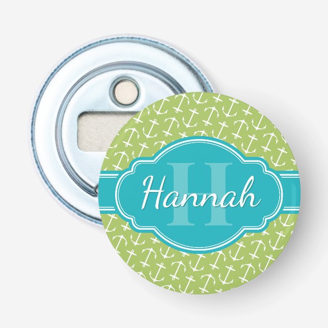 Décapsuleur Motif d'Ancre blanc vert Turquoise Monogramme (Devant)
