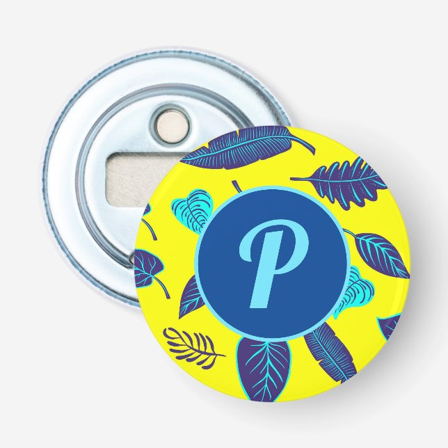 Décapsuleur Motif de feuille tropicale jaune vif en monogramme (Devant)