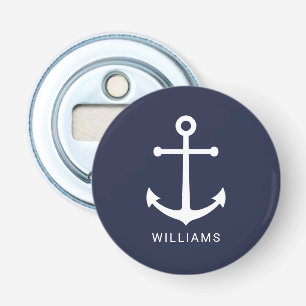 Décapsuleur Nautical White Anchor and Custom Nom on Navy Blue