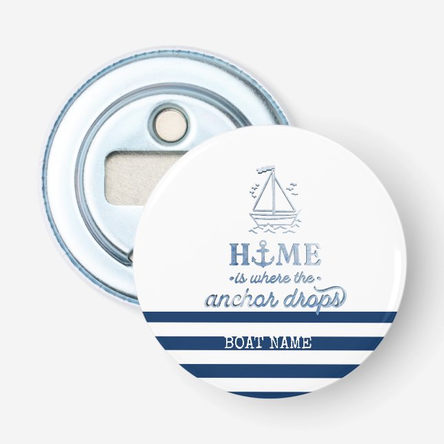 Décapsuleur Nom de bateau nautique, ancre rayée bleu marine (Devant)