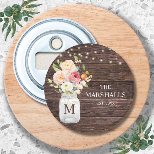 Décapsuleur Nom de famille Monogramme Fleur Jar Mason Rustique (Créateur téléchargé)