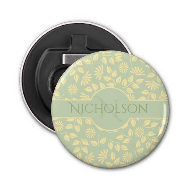 Décapsuleur Nom du monogramme Leaf Daisy Motif Pastel Green (Devant)