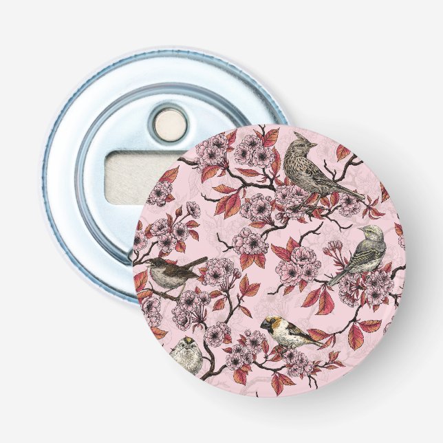 Décapsuleur Oiseaux et fleurs de cerisier sur fond rose saumon (Devant)