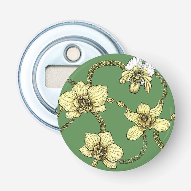 Décapsuleur Orchidées et chaînes, jaune et vert kelly (Devant)