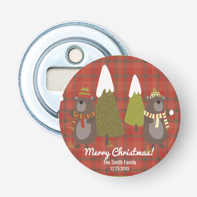 Décapsuleur Ours d'hiver Blanc Noël Rouge Buffle Plaid (Devant)