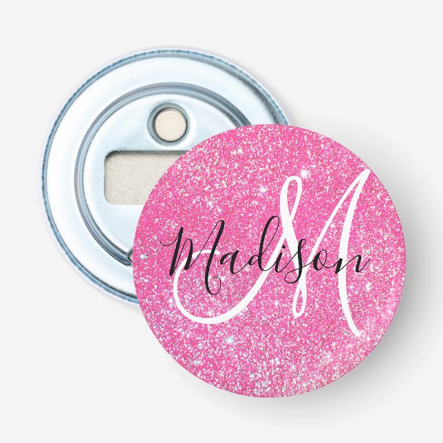 Décapsuleur Paillettes Rose Chaud Glamour Féminin Monogramme N (Devant)