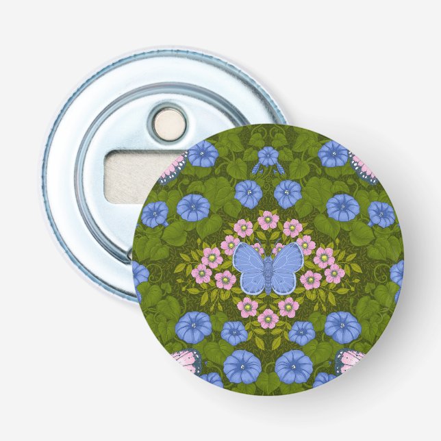 Décapsuleur Papillons et symétrie des fleurs, bleu et rose (Devant)