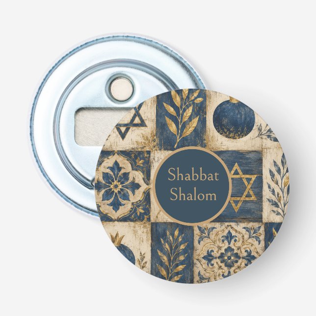 Décapsuleur Patch bouton circulaire Shabbat Shalom, bleu or (Devant)