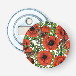 Décapsuleur Pavot rouge et brindilles, feuilles verts sur blan