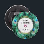 Décapsuleur Peacock Exotique Plumes Mariage Faveur<br><div class="desc">Un ouvre-bouteille personnalisé pour le mariage. Un motif aux couleurs vives, aux plumes de paon exotiques et sauvages, dans un joli turquoise vert bijou, bleu aqua et cobalt. Artistique et fantaisie, créée avec des aquarelles. Le centre a un cadre circulaire sophistiqué avec vos informations mariages personnalisées à l'intérieur et une...</div>