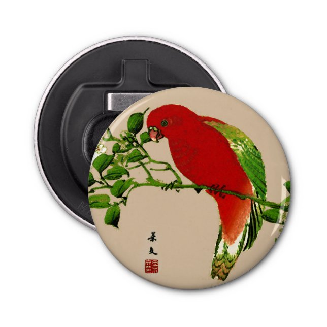 Décapsuleur Peinture japonaise vintage d'un perroquet, rouge e (Devant)
