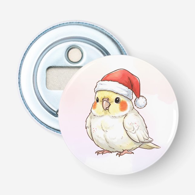 Décapsuleur Perruche de Noël portant un chapeau de Père Noël (Devant)
