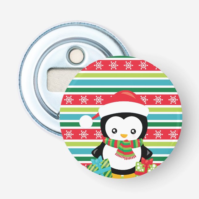 Décapsuleur Pingouin-cadeau sur arrière - plan à flocon rayé (Devant)