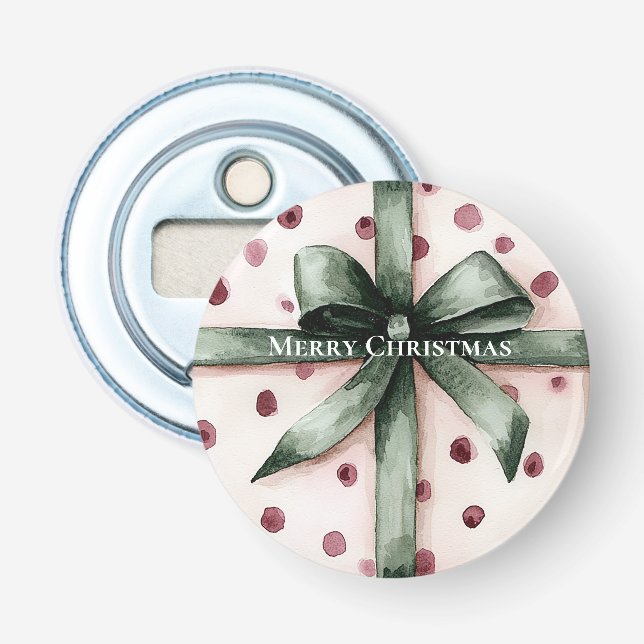 Décapsuleur Points roses de Noël Ruban vert & Bow (Devant)