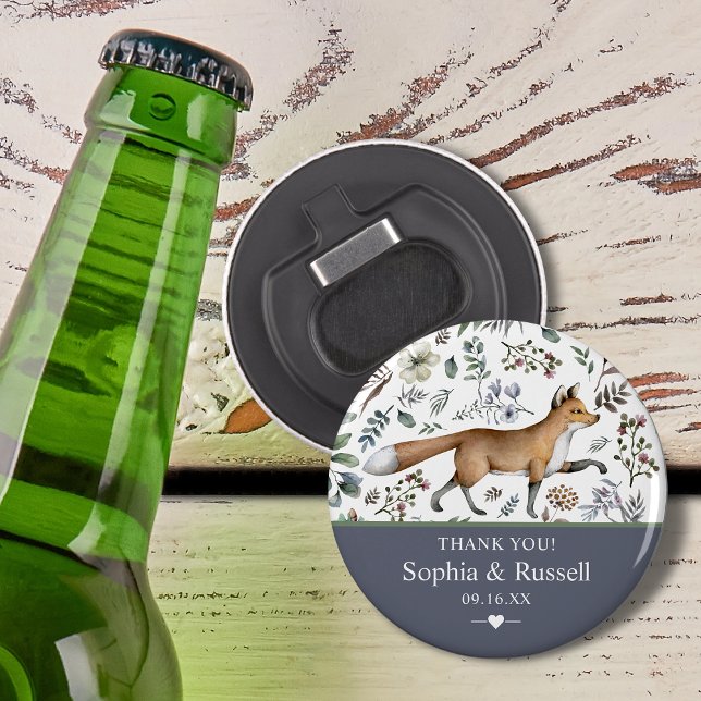 Décapsuleur Renard de la forêt à l'aquarelle Merci  (Watercolor Woodland Fox Greenery Thank You Bottle Opener)