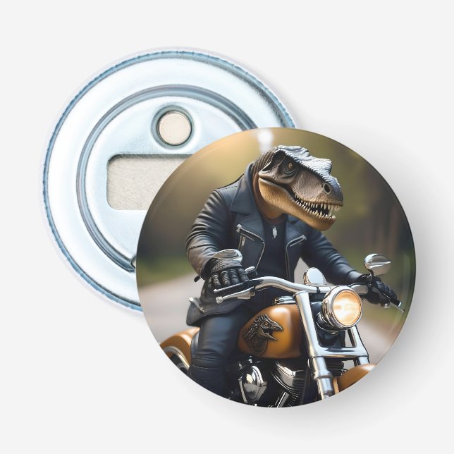 Décapsuleur Revved Up Rex : T-Rex en cuir sur une moto, (Devant)