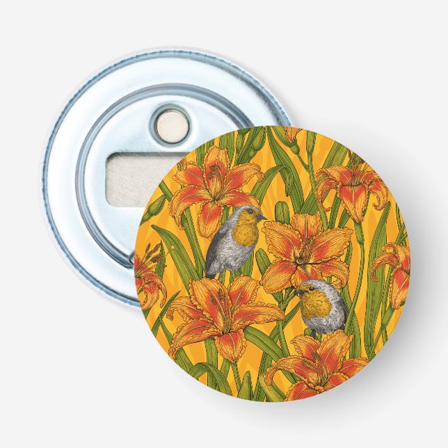 Décapsuleur Robins et fleurs de lys, orange et vert (Devant)