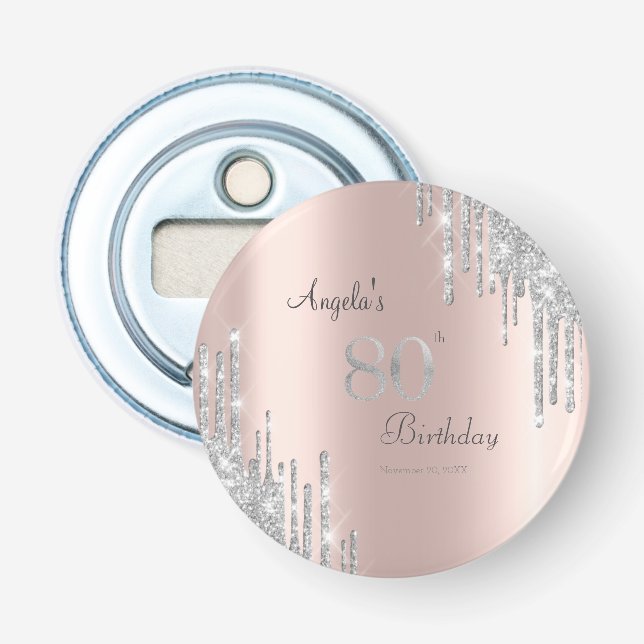 Décapsuleur Rose Gold 80 ans paillettes gouttes d'argent (Devant)