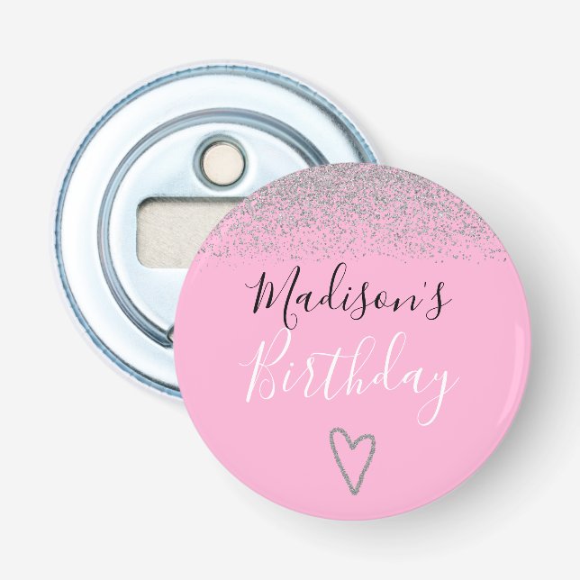 Décapsuleur Rose Pailleté Argent Anniversaire Fille (Devant)