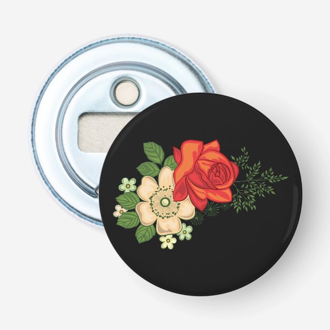 Décapsuleur Rose rouge et marguerites sur fond noir (Devant)