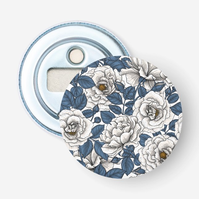 Décapsuleur Roses blanches avec feuilles bleus sur blanc (Devant)