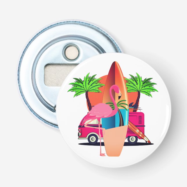 Décapsuleur Scène de surf rétro flamant rose plage (Devant)