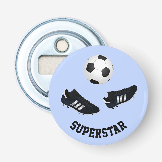 Décapsuleur Soccer texte personnalisé bleu (Devant)