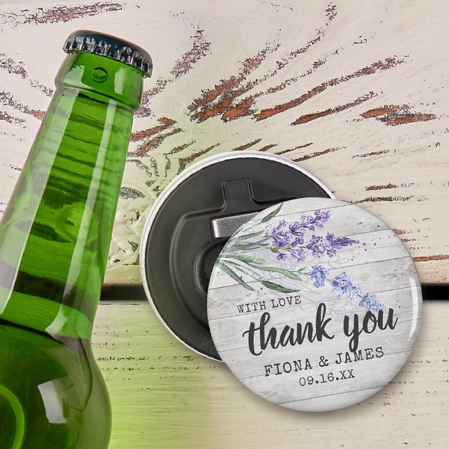Décapsuleur Texture de bois rustique remerciement de mariage à (Rustic Wood Texture Lavender Wedding Thank You Bottle Opener)